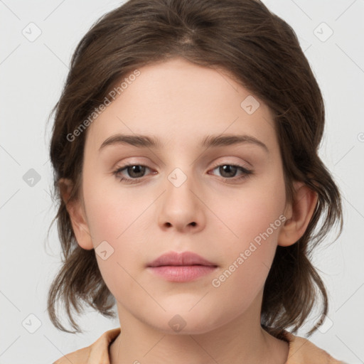 Neutral white young-adult female with medium  brown hair and brown eyes