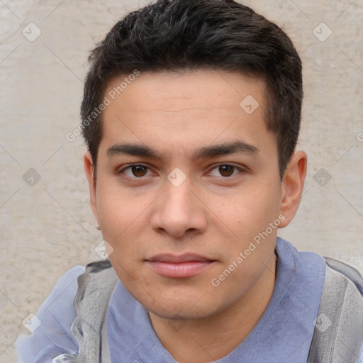 Neutral white young-adult male with short  brown hair and brown eyes