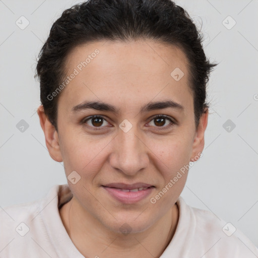 Joyful white young-adult female with short  brown hair and brown eyes