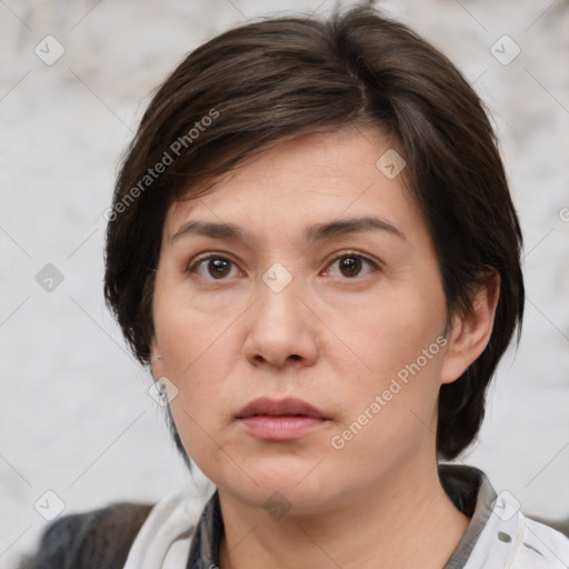 Neutral white young-adult female with medium  brown hair and brown eyes