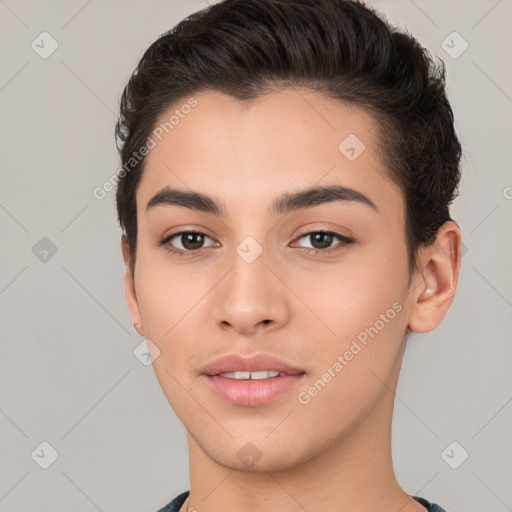 Joyful white young-adult female with short  brown hair and brown eyes