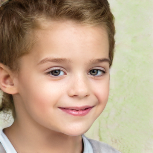 Joyful white child female with short  brown hair and brown eyes