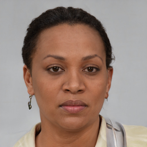 Joyful black young-adult female with short  brown hair and brown eyes