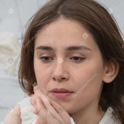 Neutral white young-adult female with medium  brown hair and brown eyes