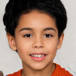 Joyful white child female with short  brown hair and brown eyes
