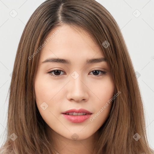 Neutral white young-adult female with long  brown hair and brown eyes