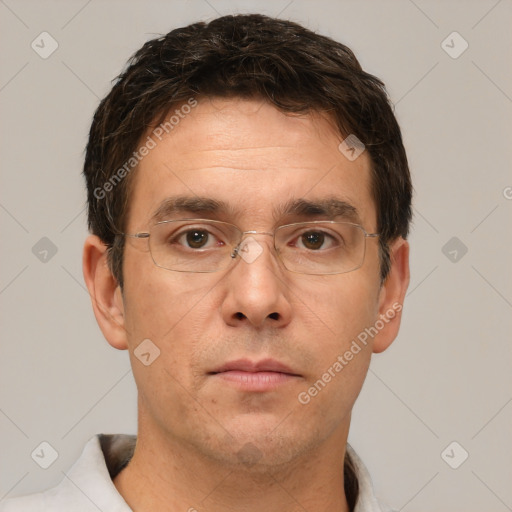 Neutral white adult male with short  brown hair and brown eyes