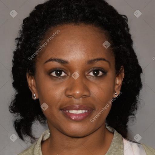 Joyful black young-adult female with medium  black hair and brown eyes