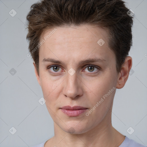 Neutral white young-adult female with short  brown hair and brown eyes