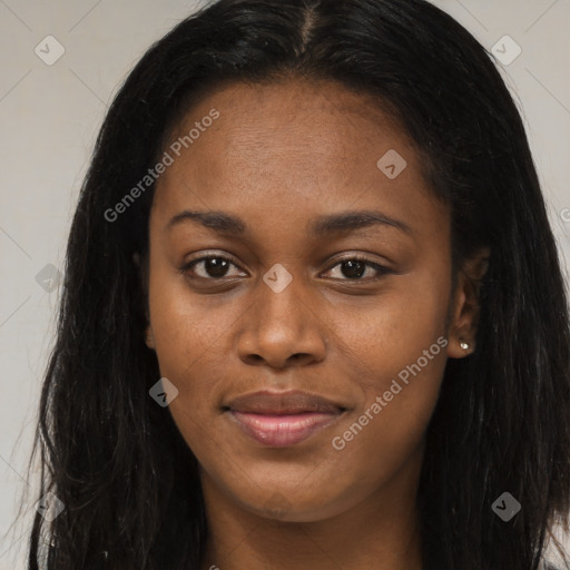 Joyful asian young-adult female with long  brown hair and brown eyes