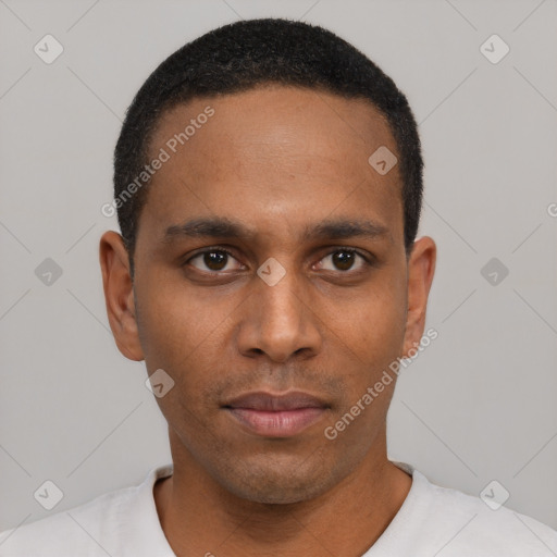 Neutral black young-adult male with short  black hair and brown eyes