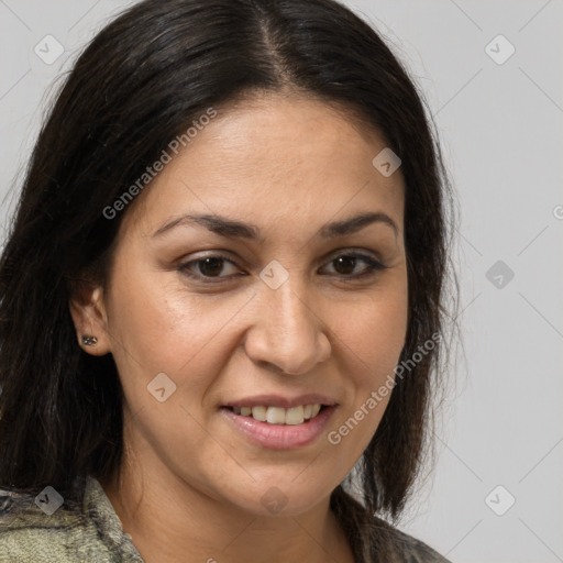 Joyful white young-adult female with medium  brown hair and brown eyes