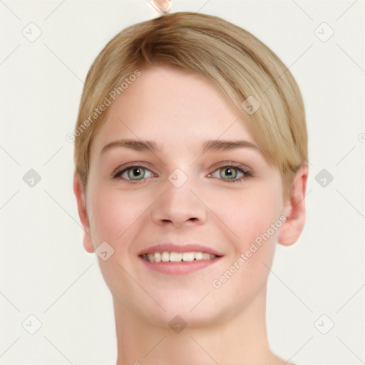 Joyful white young-adult female with short  brown hair and green eyes