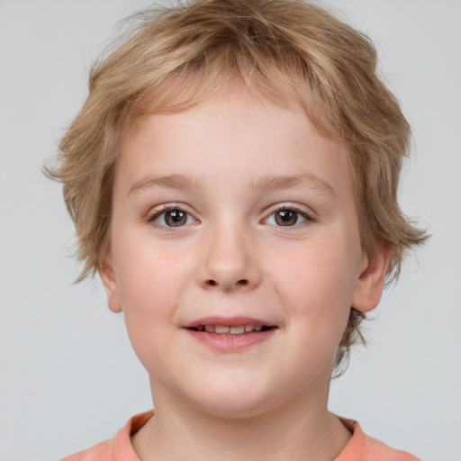 Joyful white child female with medium  brown hair and blue eyes