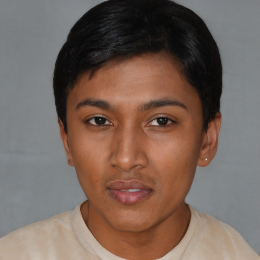 Neutral asian young-adult female with short  black hair and brown eyes