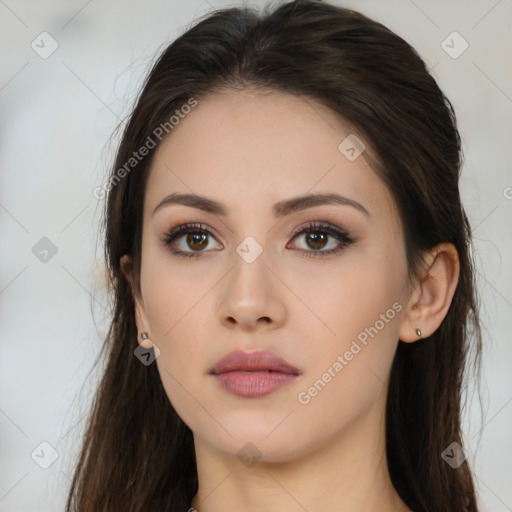 Neutral white young-adult female with long  brown hair and brown eyes