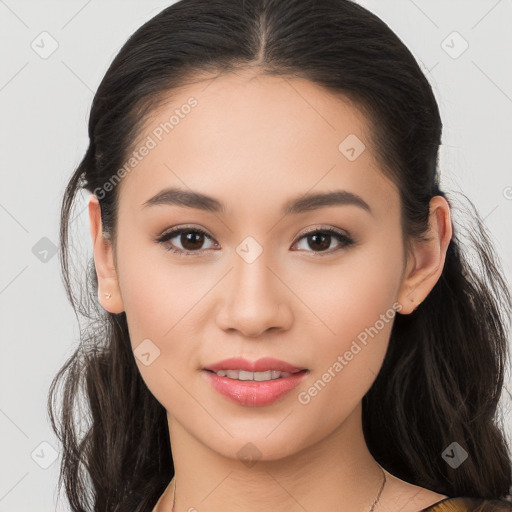 Joyful white young-adult female with long  brown hair and brown eyes