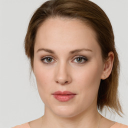 Neutral white young-adult female with medium  brown hair and blue eyes