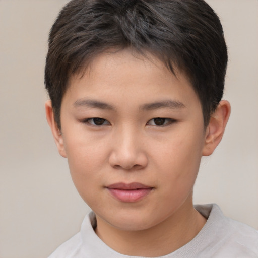 Joyful asian child female with short  brown hair and brown eyes