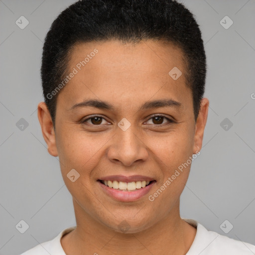 Joyful white young-adult female with short  brown hair and brown eyes