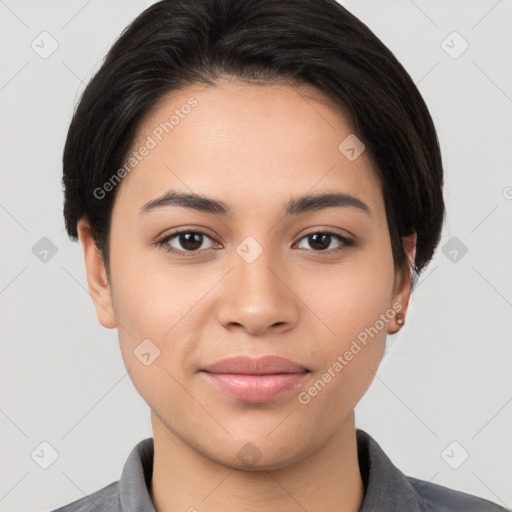 Joyful white young-adult female with short  brown hair and brown eyes