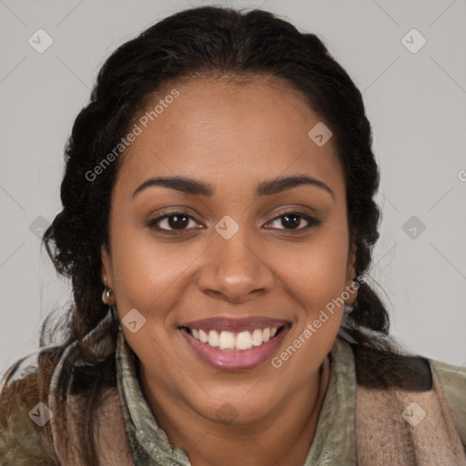 Joyful latino young-adult female with long  brown hair and brown eyes