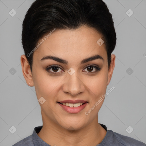 Joyful white young-adult female with short  black hair and brown eyes