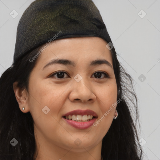 Joyful asian young-adult female with long  brown hair and brown eyes