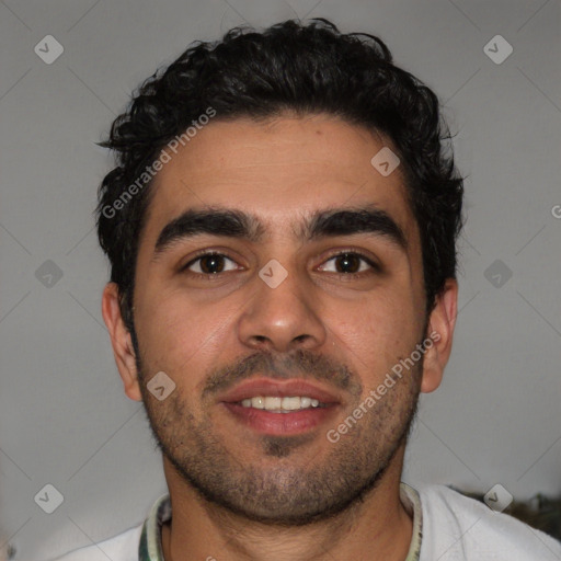 Joyful white young-adult male with short  black hair and brown eyes