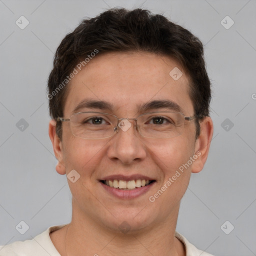 Joyful white adult male with short  brown hair and brown eyes