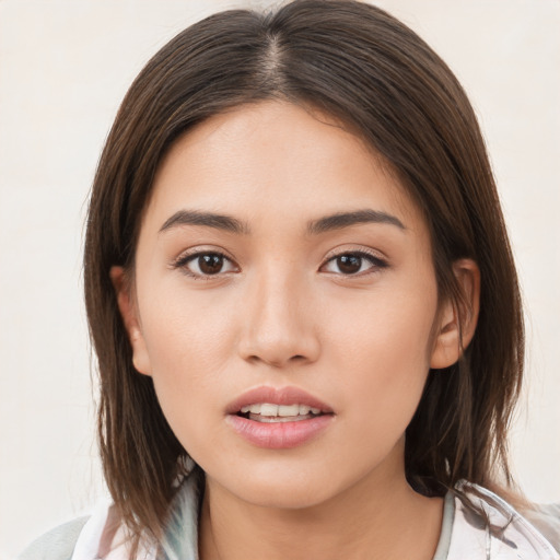 Neutral white young-adult female with medium  brown hair and brown eyes