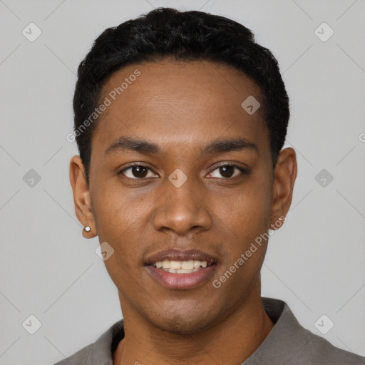 Joyful black young-adult male with short  black hair and brown eyes