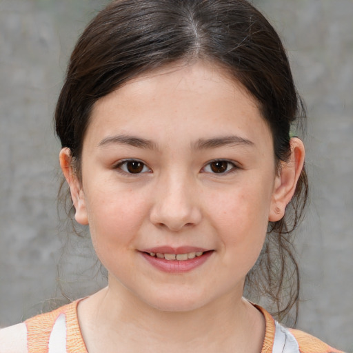 Joyful white child female with medium  brown hair and brown eyes