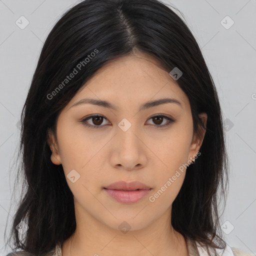 Neutral asian young-adult female with long  brown hair and brown eyes