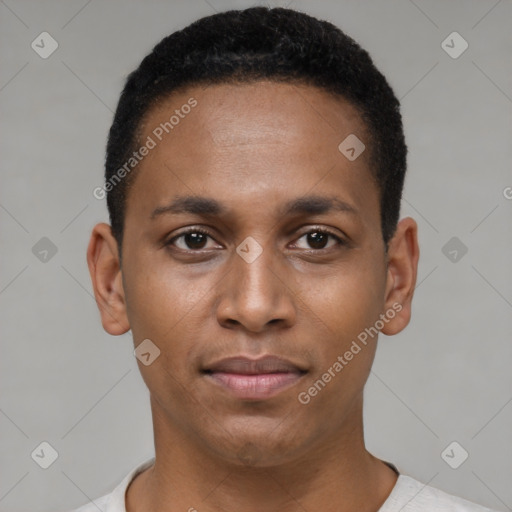 Neutral latino young-adult male with short  black hair and brown eyes