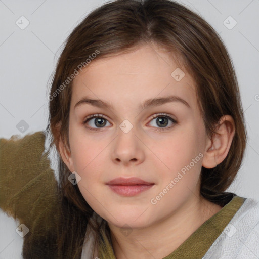 Neutral white child female with medium  brown hair and blue eyes