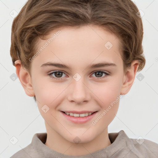 Joyful white child female with short  brown hair and brown eyes