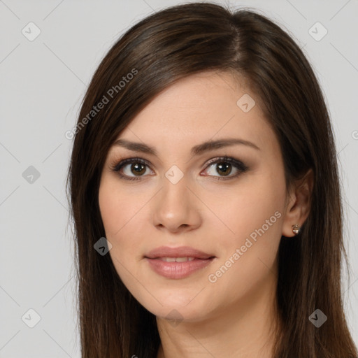 Neutral white young-adult female with long  brown hair and brown eyes