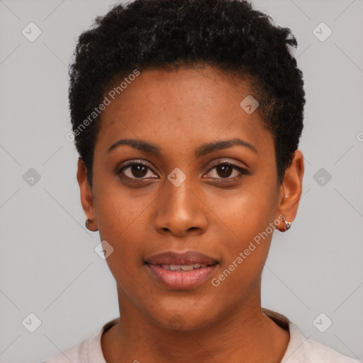 Joyful black young-adult female with short  black hair and brown eyes