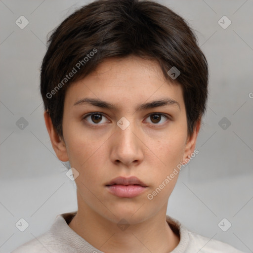 Neutral white young-adult female with short  brown hair and brown eyes