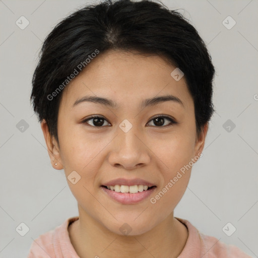 Joyful asian young-adult female with short  brown hair and brown eyes