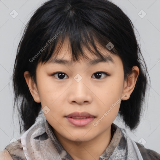 Neutral asian young-adult female with medium  brown hair and brown eyes