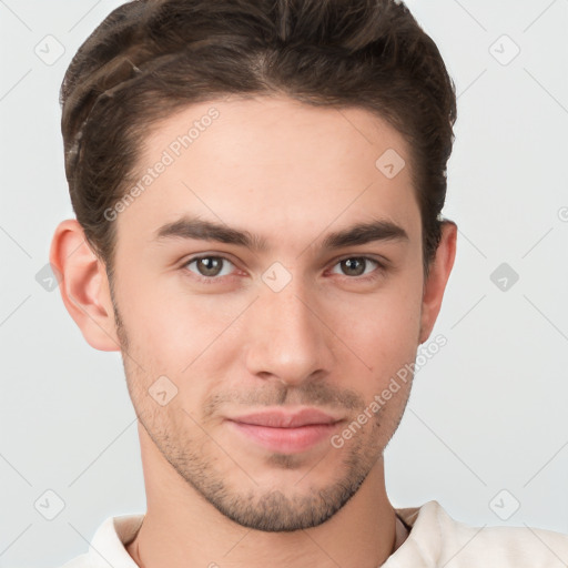 Neutral white young-adult male with short  brown hair and brown eyes