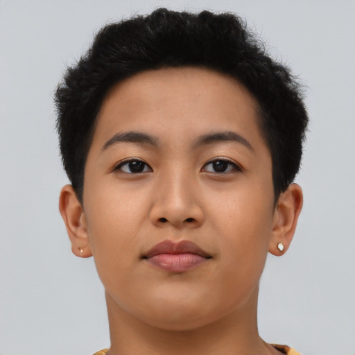 Neutral asian young-adult female with short  brown hair and brown eyes