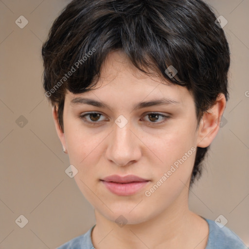 Joyful white young-adult female with medium  brown hair and brown eyes