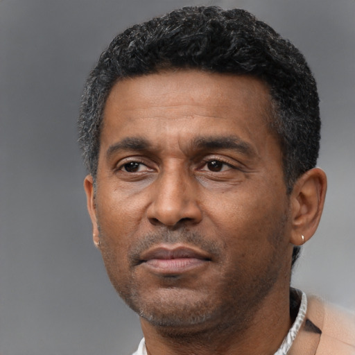Neutral latino adult male with short  black hair and brown eyes