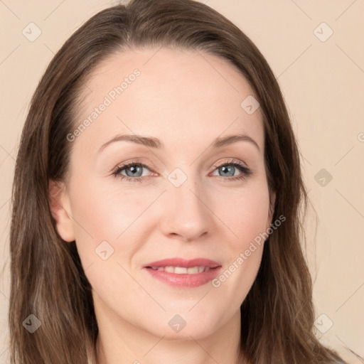 Joyful white young-adult female with long  brown hair and grey eyes