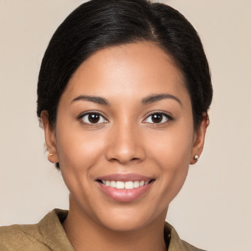 Joyful white young-adult female with medium  brown hair and brown eyes