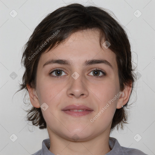 Neutral white young-adult female with medium  brown hair and brown eyes