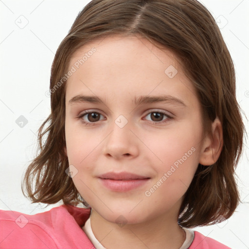 Joyful white child female with medium  brown hair and brown eyes